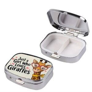 🆕️💊 🦒GIRAFFE PORTABLE METAL PILL BOX ORGANIZER WITH MIRROR 🦒💊